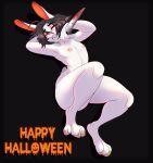  &lt;3 &lt;3_eyes anthro black_hair blood bodily_fluids character_alice female hair halloween hi_res holidays knife lagomorph leporid lying mammal nipple_piercing nipples paws piercing rabbit slasher solo theredghost white_body 