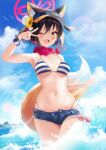  1girl ;d animal_ears armpits beach bikini bikini_under_clothes blue_archive breasts brown_hair commentary_request cowboy_shot day fang flower fox_ears fox_girl fox_tail hair_between_eyes hair_flower hair_ornament halo hand_up happy highleg highleg_bikini highres hip_focus izuna_(blue_archive) lukas_reule medium_breasts medium_hair micro_shorts midriff navel ocean one_eye_closed outdoors pink_scarf scarf shorts smile solo striped striped_bikini sunflower_hair_ornament swimsuit tail torn_clothes torn_shorts v_over_eye wading yellow_eyes 