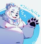  2023 anthro band-aid bandage belly big_belly black_nose blush canid canine canis domestic_dog fur hi_res humanoid_hands kemono kisort lifewonders live_a_hero male mammal moobs navel nipples overweight overweight_male simple_background solo white_body white_fur yohack 