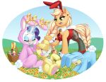  2023 apple_bloom_(mlp) applejack_(mlp) basket blonde_hair blush braided_hair braided_tail bunny_costume clothed clothed_feral clothing container costume cuff_(restraint) cutie_mark dstears easter easter_egg egg equid equine eyelashes eyes_closed eyeshadow fake_ears fake_rabbit_ears female feral flower freckles friendship_is_magic glowing grass green_eyes group hair hasbro hi_res holidays horn long_hair magic makeup mammal my_little_pony open_mouth open_smile plant purple_hair rarity_(mlp) restraints sibling sister sisters smile sweetie_belle_(mlp) unicorn wrist_cuffs 