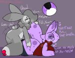  &lt;3 2d_(artwork) anthro bodily_fluids bottomless breed clothed clothing cum cum_in_pussy cum_inside dialogue duo english_text eyes_closed female gastropod genital_fluids genitals grey_background grey_body impregnation lagomorph leporid male male/female mammal mollusk nonbinary_(lore) nonbinary_bunny nude orio_(nonbinary_bunny) pawpads paws penetration penis purple_body rabbit raine_(grape_ad) rough_sex sex simple_background smile snail text topwear vaginal vaginal_penetration 