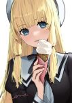  1girl absurdres artist_name assault_lily beret black_ribbon blonde_hair blue_eyes blunt_bangs blurry commentary_request cropped_jacket depth_of_field food hair_tie hand_up hat head_tilt highres holding holding_food ice_cream ice_cream_cone juliet_sleeves kanon_mone light_smile long_hair long_sleeves looking_at_viewer neck_ribbon parted_lips puffy_sleeves ribbon school_uniform shirt sidelocks simple_background sketch solo tachihara_sayu upper_body white_background white_headwear white_shirt yurigaoka_girls_academy_school_uniform 