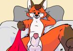  absurd_res anatomically_correct anthro anus balls_blush barely_visible_anus barely_visible_genitalia barely_visible_penis blush bodily_fluids body_blush canid canine cum first_person_view fox fur genital_fluids genitals hi_res leaking_cum leash leash_pull leashed_pov lying male male/male mammal markings on_back orange_body orange_fur penis precum raposanaranja red_penis selfie simple_background solo spread_legs spreading teasing_viewer whisker_markings white_body white_fur 