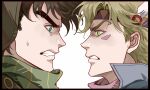  2boys battle_tendency blonde_hair bomber_hat brown_hair caesar_anthonio_zeppeli clenched_teeth close-up eye_contact face-to-face facial_mark feather_hair_ornament feathers fingerless_gloves fur_hat gloves green_eyes green_scarf hair_ornament hat headband highres jojo_no_kimyou_na_bouken joseph_joestar joseph_joestar_(young) looking_at_another male_focus multiple_boys pink_scarf profile scarf shaded_face striped striped_scarf sweatdrop teeth ushanka zhoujo51 