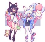  2girls ahoge animal_ears ankle_bow balloon bare_shoulders bcy black_bow black_footwear black_hair black_shirt black_skirt black_socks blue_jacket bow cat_ears cat_hair_ornament charm_(object) clenched_hands curly_hair full_body hair_bow hair_ornament hand_up high-waist_shorts highres holding holding_balloon holding_stuffed_toy huhu jacket kneehighs knees_together_feet_apart loafers long_sleeves low_twintails medium_hair miao_jiujiu miniskirt multicolored_background multiple_girls necktie off_shoulder pantyhose pink_bow pink_eyes pink_jacket pleated_skirt ponytail purple_background red_eyes ruan_miemie shirt shoes short_shorts shorts sidelocks skirt sleeveless sleeveless_shirt smile sneakers socks standing stuffed_alpaca stuffed_animal stuffed_cat stuffed_dog stuffed_toy thigh_strap twintails white_background white_bow white_footwear white_hair white_necktie white_pantyhose white_shirt white_shorts xianyudian_laoban 