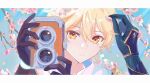  2boys aether_(genshin_impact) blonde_hair camera cherry_blossoms earrings fcc_(fengcheche) genshin_impact gloves hair_between_eyes highres holding holding_camera jewelry male_focus multiple_boys orange_eyes parted_lips petals reflection xiao_(genshin_impact) 