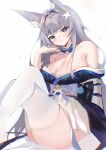 1girl ahoge animal_ear_fluff animal_ears azur_lane bare_shoulders blue_eyes blunt_bangs blurry breasts cleavage collarbone crossed_legs detached_collar dot_nose feet_out_of_frame fox_ears fox_tail grey_hair hair_ornament komuer large_breasts long_hair looking_at_viewer off_shoulder shinano_(azur_lane) simple_background sitting smile solo split_mouth tail thighhighs thighs white_background white_thighhighs 