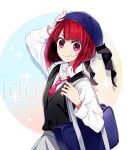  1girl arima_kana bag blue_bag bob_cut closed_mouth grey_skirt hand_on_headwear happy hat hat_ribbon highres holding holding_bag inverted_bob looking_at_viewer necktie nyoro_(nyoronyoro000) oshi_no_ko red_eyes red_hair ribbon school_bag shirt short_hair simple_background skirt smile white_shirt 