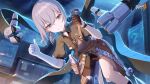 1girl asymmetrical_gloves bottle breasts bronya_zaychik bronya_zaychik_(haxxor_bunny) brown_gloves brown_necktie brown_sleeves chinese_commentary earrings elbow_gloves gloves grey_eyes grey_hair hair_between_eyes hanging happy highres honkai_(series) honkai_impact_3rd jewelry logo long_sleeves looking_at_viewer mechanical_arms necktie official_alternate_costume official_art official_wallpaper ponytail small_breasts solo sparks thumbs_up watch white_gloves wristwatch 