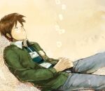  1boy blue_shirt brown_background brown_eyes brown_hair cardigan closed_mouth commentary_request expressionless feet_out_of_frame flower fukumoto_nobuyuki_(style) green_cardigan grey_pants igawa_hiroyuki interlocked_fingers long_sleeves looking_afar lying male_focus medium_bangs official_style on_back open_cardigan open_clothes own_hands_together pants parody pointy_nose shirt short_hair single_tear solo striped striped_shirt style_parody t_k_g ten_(manga) white_shirt 