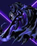  1boy broken_mask cape commentary_request dark_meta_knight flying highres holding holding_sword holding_weapon infrablack kirby_(series) looking_back male_focus mask purple_eyes purple_theme simple_background solo sword weapon 