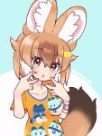  1girl animal_ears blue_background brown_eyes brown_hair cthun_n dhole_(kemono_friends) extra_ears hair_ornament highres kemono_friends kemono_friends_3 looking_at_viewer lucky_beast_(kemono_friends) multicolored_hair shirt short_hair simple_background solo t-shirt two-tone_hair upper_body white_hair wolf_ears wolf_girl wristband 