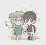  ... 2boys barefoot basil_(omori) black_eyes black_hair black_socks blackwh01396023 blue_overalls chibi colored_skin expressionless flower green_eyes green_hair hair_flower hair_ornament head_wreath highres holding holding_flower looking_at_viewer multiple_boys omori omori_(omori) overall_shorts overalls shirt short_hair short_sleeves socks speech_bubble spoken_ellipsis tank_top watch white_skin wristwatch 