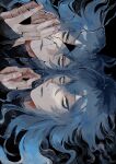  black_background blue_hair blue_lips broken_mirror character_request closed_mouth copyright_request highres llilililiilii long_hair mirror reflection simple_background solo yellow_eyes 