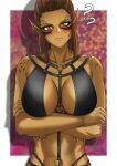  1girl ? ?? absurdres baldur&#039;s_gate baldur&#039;s_gate_3 breasts brown_eyes brown_hair collarbone colored_skin crossed_arms dungeons_and_dragons fax61209 freckles gith_(dungeons_and_dragons) highres lae&#039;zel_(baldur&#039;s_gate) long_hair medium_breasts navel o-ring o-ring_top pointy_ears scar scar_on_face shadow solo standing yellow_skin 