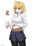  1girl absurdres ahoge arcueid_brunestud black_thighhighs blonde_hair breasts eyebrows_hidden_by_hair hair_between_eyes highres jewelry necklace open_mouth pantyhose red_eyes shirt short_hair simple_background skirt smile solo standing stomach takatisakana tape thighhighs tsukihime white_background white_shirt 