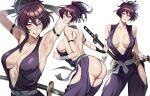  1girl :q absurdres arm_wrap armband armpits ass back bandaged_wrist bandages bare_shoulders black_armband blush breasts breasts_apart celyn404 center_opening cleavage closed_mouth collarbone contrapposto eyelashes hair_between_eyes head_tilt highres hip_vent holding holding_weapon japanese_clothes jigokuraku large_breasts legs_apart looking_at_viewer multiple_views ninja ninjatou nipples pink_eyes purple_hair purple_robe revealing_clothes robe sash sheath short_hair short_sword simple_background smile solo sword tongue tongue_out topknot unsheathing weapon white_background white_sash wrist_guards yuzuriha_(jigokuraku) 