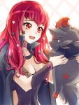  1girl black_bodysuit black_cloak bodysuit breasts choker clear_glass_(mildmild1311) cleavage cloak closed_eyes crossover facial_mark fire_emblem fire_emblem_engage hair_ornament highres long_hair looking_at_another medium_breasts open_mouth pink_choker pokemon red_eyes red_hair smile star_(symbol) star_facial_mark star_hair_ornament tearing_up white_background yunaka_(fire_emblem) zorua 
