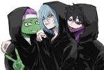  3boys ametaro_(ixxxzu) black_hair black_hoodie blue_eyes blue_hair boku_no_hero_academia cheek_piercing dabi_(boku_no_hero_academia) green_scales hand_up highres hood hood_up hoodie light_blue_hair lizardman looking_at_viewer male_focus medium_hair multiple_boys multiple_piercings multiple_scars piercing purple_hair red_eyes scar scar_on_face scar_on_mouth scar_on_neck shigaraki_tomura short_hair simple_background spiked_hair spinner_(boku_no_hero_academia) staple stapled stitches upper_body v white_background wrinkled_skin 