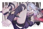  1girl ahoge blue_nails breasts briar_(league_of_legends) colored_sclera commentary feet fingernails foot_focus foreshortening full_body gradient_eyes gradient_hair grey_hair hair_between_eyes highres keven_(ewdx3754) league_of_legends legs light_purple_hair long_bangs long_hair looking_at_viewer multicolored_eyes multicolored_hair no_pupils open_mouth pillory pink_eyes pink_hair pointy_ears red_sclera sharp_fingernails sharp_teeth sidelocks simple_background sitting small_breasts soles solo spread_toes stirrup_legwear teeth thighs toeless_legwear toenails toes two-tone_hair vampire white_eyes wrist_cuffs 