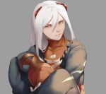  1boy bandaged_hand bandages breath_of_fire breath_of_fire_iv collarbone covered_collarbone earrings fou-lu gloves hair_between_eyes haruno14 horns jewelry long_hair looking_at_viewer male_focus red_horns simple_background single_earring solo tight_clothes white_hair yellow_eyes 