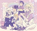  1girl 2022 4boys aged_down arm_up battle_tendency blonde_hair blush braid brown_hair bubble bubble_blowing bubble_pipe caesar_anthonio_zeppeli closed_eyes diamond_wa_kudakenai double_bun english_commentary family father_and_son feather_hair_ornament feathers female_child giorno_giovanna hair_bun hair_ornament higashikata_josuke jojo_no_kimyou_na_bouken joseph_joestar joseph_joestar_(young) kujo_jolyne long_hair male_child morino_peko multicolored_hair multiple_boys pants pompadour shirt shoes short_hair sitting smile stone_ocean triangle_print two-tone_hair vento_aureo vest white_pants 