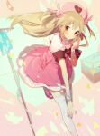  &gt;_&lt; 1girl apron armband bandaged_wrist bandages blonde_hair blush closed_mouth collared_dress commentary_request dress floating_hair foot_out_of_frame hair_ornament hand_up hat heart heart_print highres intravenous_drip long_hair looking_at_viewer natori_sana nurse_cap pink_apron pink_footwear pink_headwear pocket puffy_short_sleeves puffy_sleeves rabbit_hair_ornament red_armband red_eyes sana_channel short_sleeves slippers smile socha_(sotyahamu) solo standing standing_on_one_leg thighhighs two_side_up virtual_youtuber white_dress white_thighhighs 