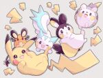  :3 :d animal_focus colored_skin commentary_request dedenne dot_nose emolga grey_background hanabusaoekaki hedgehog highres lightning_bolt_symbol mouse no_humans one_eye_closed open_mouth orange_skin pachirisu pikachu pokemon pokemon_(creature) simple_background smile solid_oval_eyes squirrel tail teeth togedemaru trait_connection upper_teeth_only whiskers white_skin wings yellow_skin 