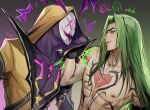  2boys abs arm_tattoo chest_tattoo colored_skin commentary demon gradient_background green_eyes green_hair heartsteel_kayn heartsteel_rhaast highres hood hoodie kayn_(league_of_legends) league_of_legends long_hair male_focus mask multiple_boys muscular muscular_male nipples official_alternate_costume official_alternate_hairstyle open_mouth parted_bangs purple_skin rhaast shadow_assassin_kayn simple_background smile sweatdrop symbol-only_commentary tattoo teeth topless_male upper_body yellow_hoodie zyrophin 