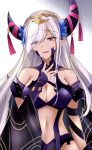  1girl bare_shoulders breasts cleavage commentary_request fire_emblem fire_emblem_engage grey_hair horns kirishima_riona large_breasts navel pointy_ears purple_eyes solo stomach upper_body zephia_(fire_emblem) 