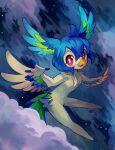  2018 5_fingers anthro avian beak blue_body blue_fur chest_tuft cloud cloudscape detailed_background extyrannomon_(artist) feathered_arms feathers female fingers flying fur hi_res looking_at_viewer multicolored_body multicolored_fur night perico red_eyes sky solo star starry_sky tuft white_body white_fur 
