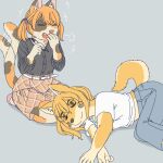  1:1 anthro black_clothing black_shirt black_topwear body_writing bottomwear breasts brown_nose calico_cat canid canine canis clothed clothing covering covering_mouth covering_own_mouth covering_self denim denim_clothing digital_media_(artwork) domestic_cat domestic_dog duo ekaki510 eyes_closed felid feline felis female fingers footwear fur hair humor inner_ear_fluff jeans lying mammal marker mottled on_side open_mouth open_smile pants pigtails pink_nose prank shiba_inu shirt shoes simple_background sitting skirt smile snaggle_tooth spitz tail tongue topwear tuft white_body white_clothing white_fur white_shirt white_topwear writing_utensil 