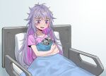  1girl agemmata bed bed_sheet blanket choppy_bangs colored_inner_hair gem gradient_background grey_hair highres holding_baby hololive hololive_english hospital_bed hospital_gown koseki_bijou light_blush light_frown long_hair messy_hair moai multicolored_hair on_bed open_mouth pillow pink_hair pink_shirt purple_eyes self-upload shirt sidelocks sitting statue sweat two-tone_hair under_covers 