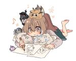  1girl 6+others ahoge blush brown_eyes brown_hair crossed_bangs dog drawing feather_hair_ornament feathers fingernails flower_(symbol) fongban_illust fuwawa_abyssgard fuwawa_abyssgard_(dog) hair_ornament holding holding_pencil holoadvent hololive hololive_english hootsie_(nanashi_mumei) koseki_bijou long_hair lying mococo_abyssgard mococo_abyssgard_(dog) multicolored_hair multiple_others musical_note nanashi_mumei nerissa_ravencroft nerissa_ravencroft_(raven) on_stomach paper pebble pencil ponytail shiori_novella smile streaked_hair very_long_hair virtual_youtuber 