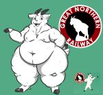  anthro beard belly big_belly bovid caprine domestic_goat facial_hair fur goat hi_res hooves horn huge_belly humanoid logo looking_at_viewer male mammal navel obese overweight overweight_male pennsy simple_background smile solo thick_thighs white_body white_fur wide_hips 