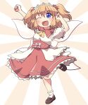  1girl blue_eyes blush brown_footwear dress fairy fairy_wings fang full_body hair_between_eyes headdress highres one_eye_closed open_mouth orange_hair red_dress rokugou_daisuke shoes short_hair short_sleeves smile socks solo sunny_milk touhou two_side_up white_socks wings 