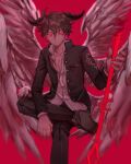  1boy blurry brown_hair collared_shirt colored_inner_hair commentary_request demon_horns digital_dissolve figure_four_sitting foot_out_of_frame gakuran hair_between_eyes highres holding holding_polearm holding_weapon horns invisible_chair jacket looking_at_viewer male_focus multicolored_hair multiple_wings open_clothes open_jacket partially_unbuttoned pectoral_cleavage pectorals polearm protagonist_4_(housamo) red_background red_eyes school_uniform shirt short_hair simple_background sitting solo spear tokyo_afterschool_summoners v-shaped_eyebrows weapon wings yimu_(yenn_110406) 