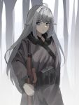  1girl absurdres ahoge blue_eyes bolt_action codename:_bakery_girl dress fur-trimmed_dress fur-trimmed_sleeves fur_trim gar32 grey_dress grey_hair gun highres holding holding_gun holding_weapon jefuty_(bakery_girl) long_hair long_sleeves looking_at_viewer mosin-nagant parted_lips rifle solo standing very_long_hair weapon 