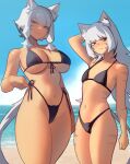 2girls animal_ear_fluff animal_ears beach bikini black_bikini blush breast_envy breasts cat_ears cat_girl cat_tail character_request clenched_teeth copyright_request cowboy_shot distr front-tie_bikini_top front-tie_top grey_hair height_difference highleg highleg_bikini highres long_hair looking_at_viewer mother_and_daughter multiple_girls navel ocean purple_eyes red_eyes side-tie_bikini_bottom sky small_breasts smile striped swimsuit tail tan teeth underboob wide_hips 