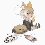  3girls animal_ears asymmetrical_legwear beleven black_footwear black_jacket black_thighhighs blonde_hair blush boots caracal_(kemono_friends) cellphone choker coyote_(kemono_friends) extra_ears gloves highres island_fox_(kemono_friends) jacket kemono_friends kemono_friends_v_project light_brown_hair long_sleeves multicolored_hair multiple_girls open_clothes open_jacket phone shirt short_hair sitting smartphone spaghetti_strap speech_bubble striped striped_thighhighs tail thighhighs thumbs_up translation_request two-tone_thighhighs vertical-striped_thighhighs vertical_stripes white_choker white_hair white_shirt white_thighhighs wolf_ears wolf_girl wolf_tail yellow_eyes yellow_gloves 