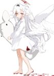  1girl angel angel_wings barefoot blood blood_on_clothes blood_on_feet blood_on_ground dress full_body halo highres long_hair long_sleeves looking_at_viewer original red_eyes shiromiso stuffed_animal stuffed_toy very_long_hair white_background white_dress white_hair white_theme white_wings wings 
