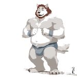  3000vnd anthro beard bulge canid canine canis clothing domestic_dog facial_hair fluffy fur hi_res male mammal multicolored_body multicolored_fur musclegut muscular muscular_male neck_tuft solo tuft two_tone_body two_tone_fur underwear wolgensim 