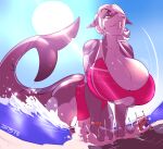 2018 2d_(artwork) absurd_res anthro beach bedroom_eyes big_breasts bikini biped bracelet breasts bulging_breasts cleavage clothed clothing colored day destruction dust_cloud eyebrow_through_hair eyebrows fangs female fin fish fish_tail gills grey_body grey_skin grin hair hi_res huge_breasts jewelry leaning leaning_forward light lilith_(thaddeusmcboosh) looking_down looming low-angle_view macro marine markings medium_hair motion_lines narrowed_eyes neck_gills notched_fin orange_accessory orange_bracelet pier pink_bikini pink_clothing pink_swimwear prick_ears raised_eyebrow sea seaside seductive shark signature smile smirk smug solo splash standing sun sunlight swimwear tail tail_fin tail_markings teeth thaddeusmcboosh tight_bikini tight_clothing translucent translucent_hair under_boob water wave wet white_hair 