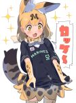  1girl animal_ear_fluff animal_ears baseball_jersey black_shirt blurry blush bow bowtie buttons chestnut_mouth commentary cowboy_shot depth_of_field dot_nose elbow_gloves extra_ears gloves highres kemono_friends letter_hair_ornament logo looking_at_object looking_down medium_hair nishiki_kazue open_mouth orange_hair print_bow print_bowtie print_gloves print_skirt print_thighhighs serval_(kemono_friends) serval_print shirt shirt_tug short_sleeves skirt solo sparkle sparkling_eyes striped_tail tail two-tone_bowtie v-shaped_eyebrows white_background yellow_eyes 