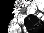  2023 4:3 anthro black_background black_nose blush canid canine canis digital_drawing_(artwork) digital_media_(artwork) genitals grin hi_res looking_at_viewer male mammal monapic_chang muscular muscular_anthro muscular_male nipples penis simple_background smile solo wolf 
