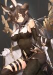  1girl absurdres animal_ears blue_hair breasts brown_hair brown_horns closed_eyes detached_sleeves extra_ears galleon_(granblue_fantasy) gloves granblue_fantasy hair_between_eyes highres horns laz_(ackf3885) multicolored_hair parted_lips pointy_ears sideboob sidelocks solo streaked_hair two-tone_hair white_gloves 