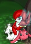  2020 3_fingers :o absurd_res against_natural_surface against_surface against_tree big_eyes detailed_background female fingers gardevoir generation_3_pokemon hair hair_over_eye hi_res high-angle_view humanoid looking_at_viewer mferite nintendo not_furry one_eye_obstructed open_mouth plant plushie pokemon pokemon_(species) psychic_powers red_eyes red_hair solo tree 