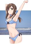  1girl alternate_costume armpits arms_up beach bikini black_hair blue_bikini blue_sky breasts cleavage cloud collarbone commentary_request front-tie_bikini_top front-tie_top fubuki_(kancolle) green_eyes groin highres horizon kantai_collection long_hair looking_at_viewer minosu navel ocean ponytail side-tie_bikini_bottom sidelocks sky small_breasts solo stretching swimsuit 