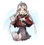  1girl ahoge black_bridal_gauntlets blue_eyes braid capelet fire_emblem fire_emblem_fates hairband harness holding holding_paper hood hooded_capelet itsaboutspoons long_hair looking_at_viewer low_twin_braids nina_(fire_emblem) o-ring o-ring_harness open_mouth paper parted_bangs pointing pointing_at_self red_capelet solo twin_braids white_hairband 