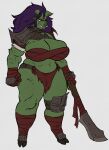  anthro big_breasts bottomwear breasts chest_wraps clothed clothing female green_body green_ears green_skin hair hand_wraps hi_res hooves humanoid leg_wraps loincloth long_hair mammal navel orc purple_hair red_eyes roly scar simple_background solo suid suina sus_(pig) tusks weapon white_background wild_boar wraps yellow_sclera 